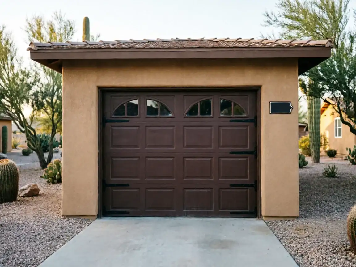 A brown garage door with decorative hardware is on a stucco garage.