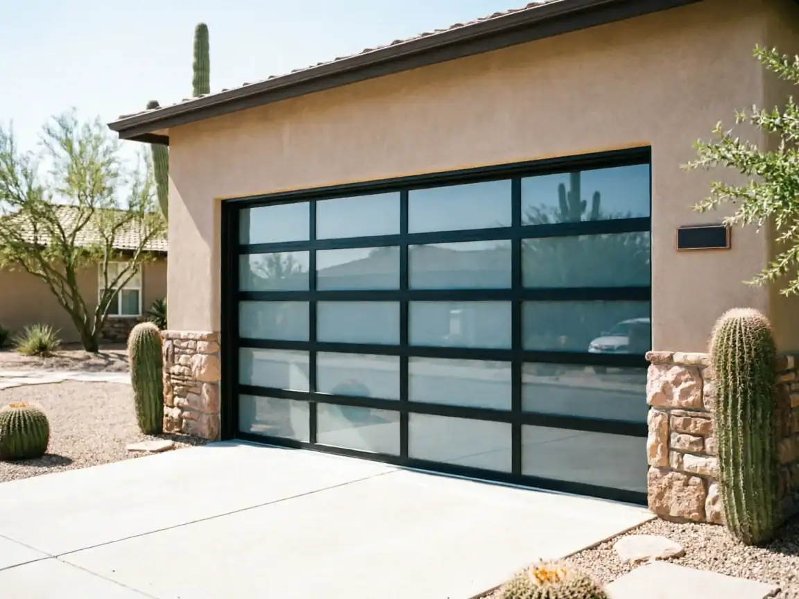 A modern glass garage door with black frames is on a tan house.