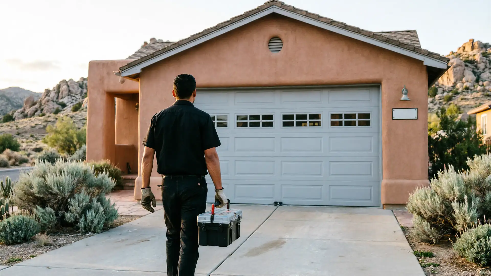 A technician carries a toolbox toward a house with a light gray garage door.