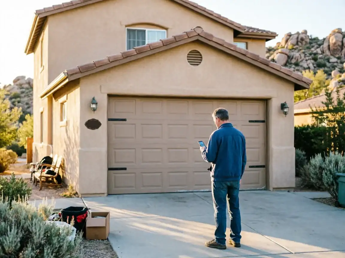 A man stands in a driveway looking at his phone in front of a garage door.