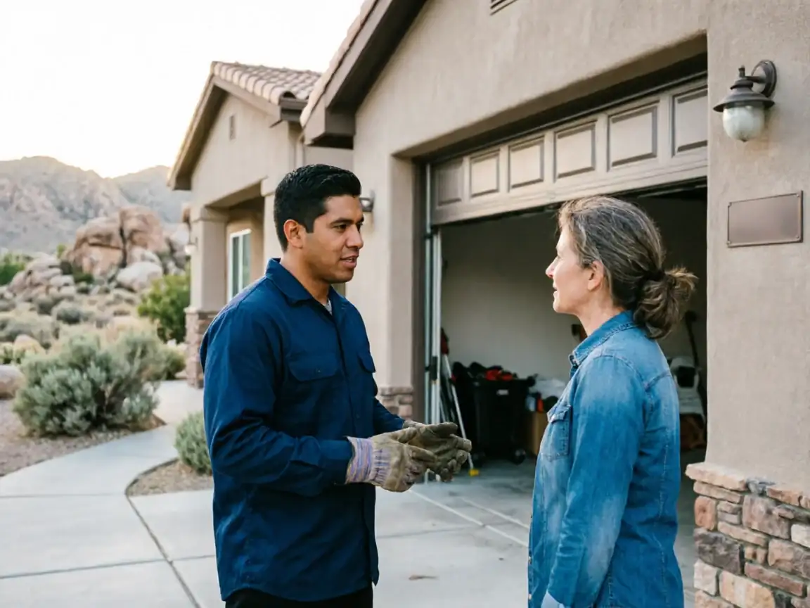 A technician in work gloves talks to a woman in front of an open garage door.