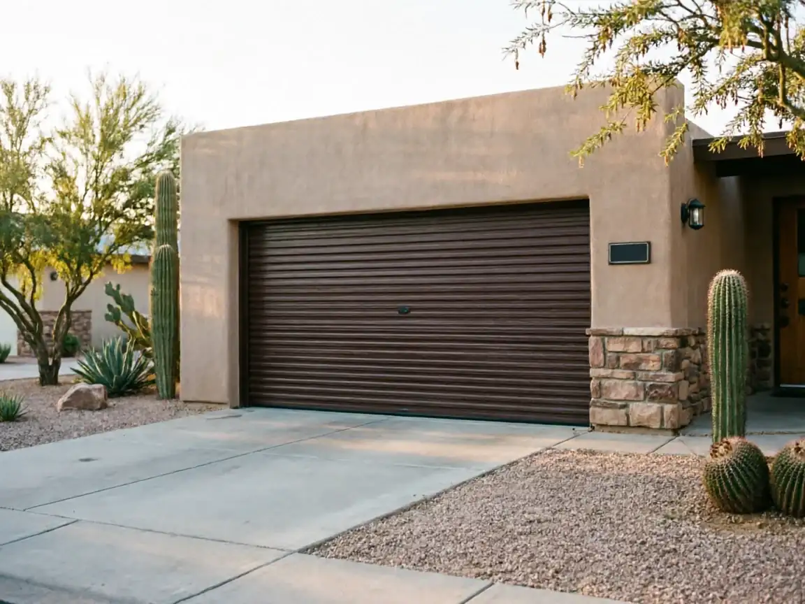 A brown roll-up garage door on a stucco house with desert landscaping.
