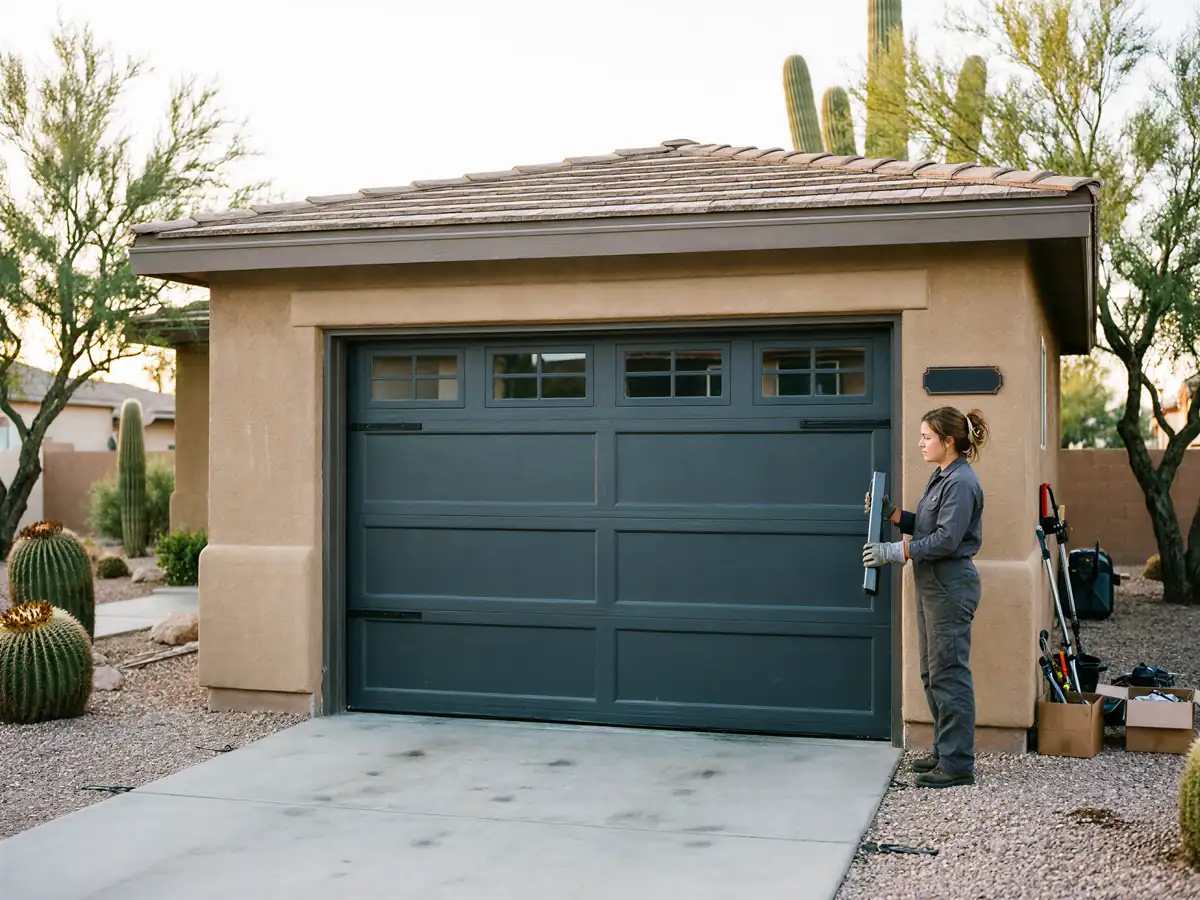 A technician in a gray jumpsuit stands next to a dark gray garage door.