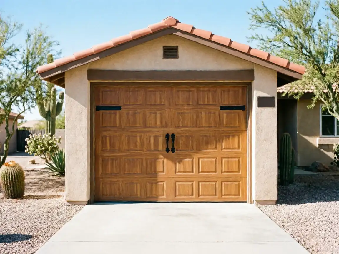 A brown paneled garage door with decorative hardware is on a stucco garage.
